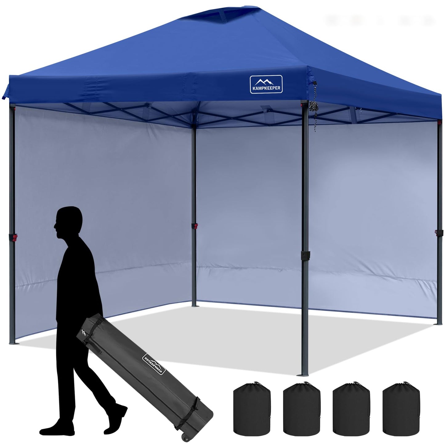 KAMPKEEPER 10x10 Pop Up Canopy Tent with 2 Sidewalls, Beach Tent - Easy Outdoor Sun Shade for Events, Parties, Camping - Gazebo with 4 Weight Bags & Carry Bag.（Navy Blue）
