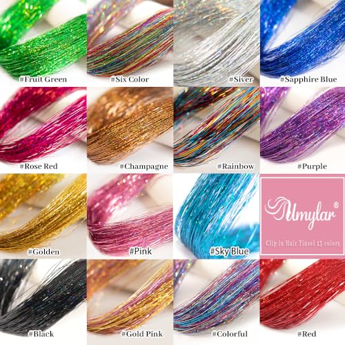Hair Tinsel Pack of 12 Pcs Colorful Glitter Hair Accessories 20 Inch Clip in Hair Tinsel Extensions Fairy Hair Accessories...