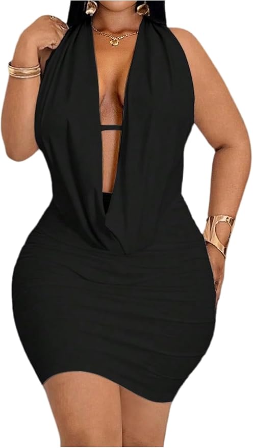Floerns Women's Plus Size Going Out Halter Dress Deep V Cowl Neck Date Night Bodycon Mini Dresses