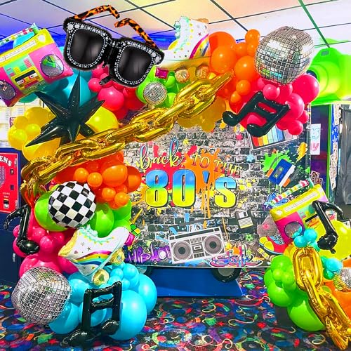 90s 80s Disco Theme Party Decorations, 171Pcs Balloon Arch Kit with Retro Disco Ball Radio Glasses Roller Skate Musical No...