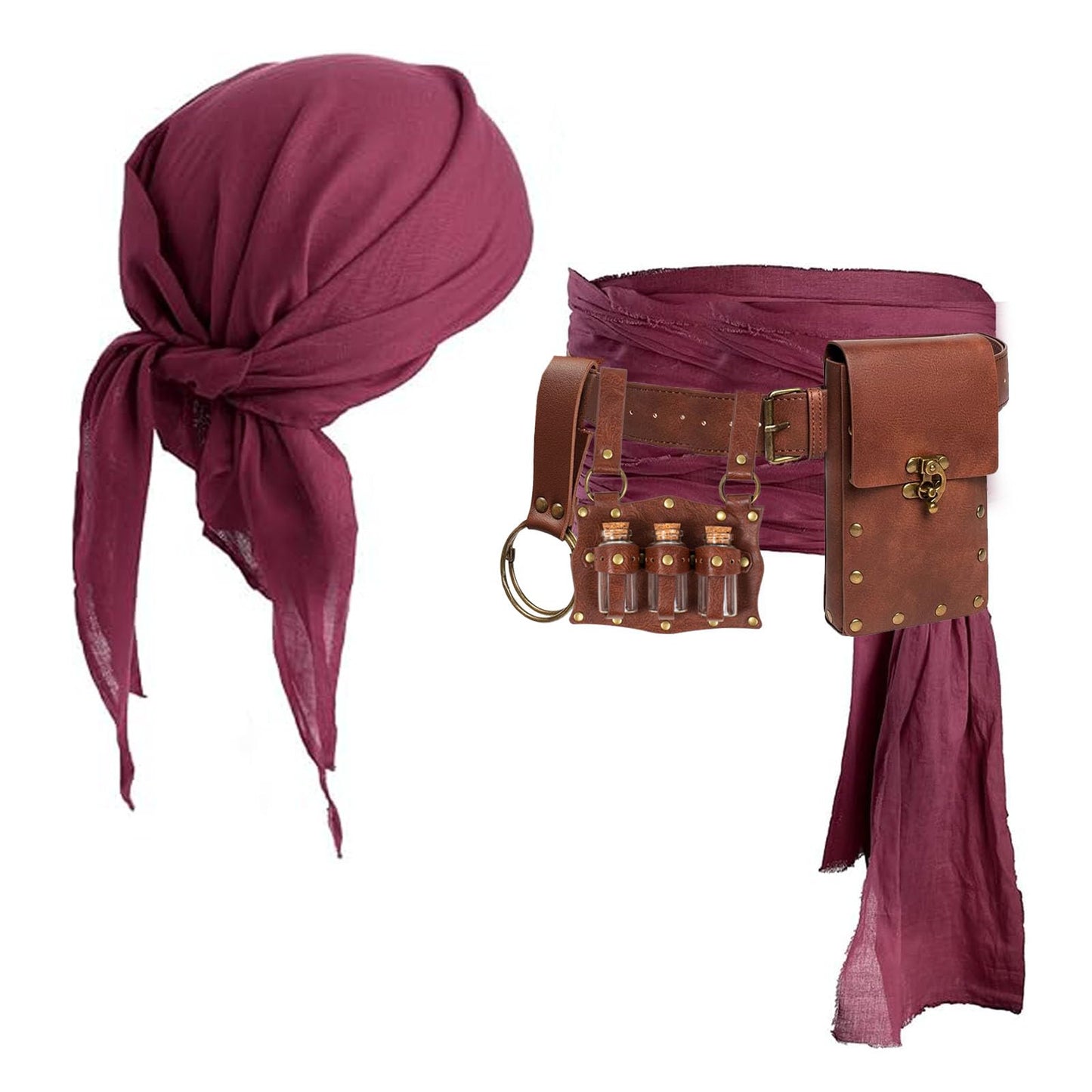 KOTORA Pirate Costume Pirate Head Scarf Bandanas Belt Waist Sash Medieval Belt Pouch Coin Purse Leather Hook Festival Sets (Brown 03-3Bottle)