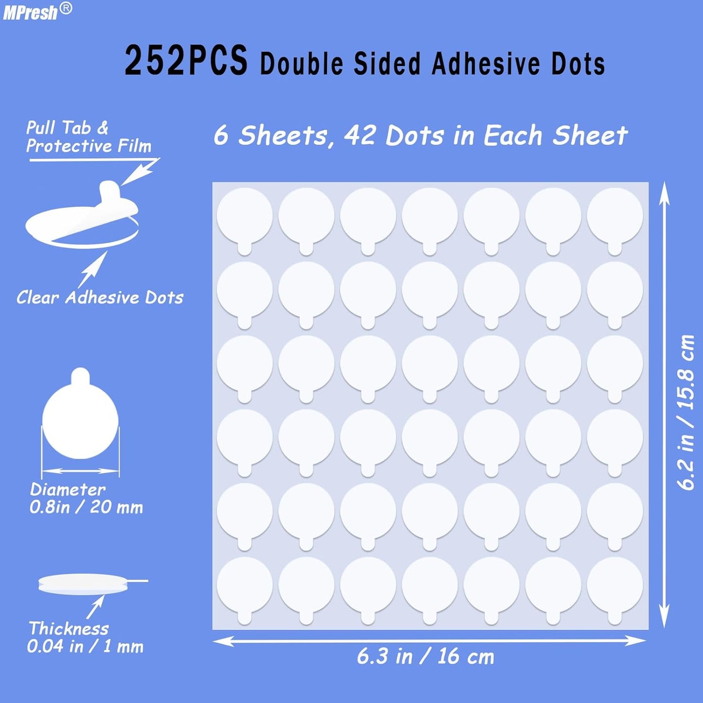 Sticky Tack Dots Double Sided, 0.79" Strong Mounting Tape Sticky Putty Easy to Peel, Removable Museum Putty Glue for Wall Hanging, Crafts, Poster, Balloons Decoration, 252 Dots