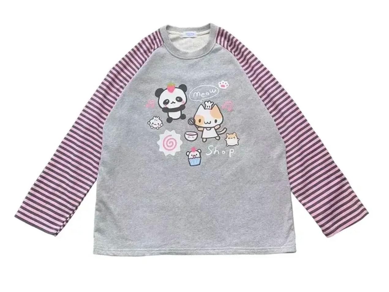 Dynict Y2k Cute Sweatshirts for Women Harajuku Kawaii Striped Sweatshirts Cartoon T-shirts (Medium,Gray)
