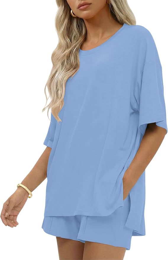 Ekouaer Womens 100% Cotton 2 Pieces Short Sets Summer Short Sleeve Outfits Casual Maching Lounge Set with Pockets