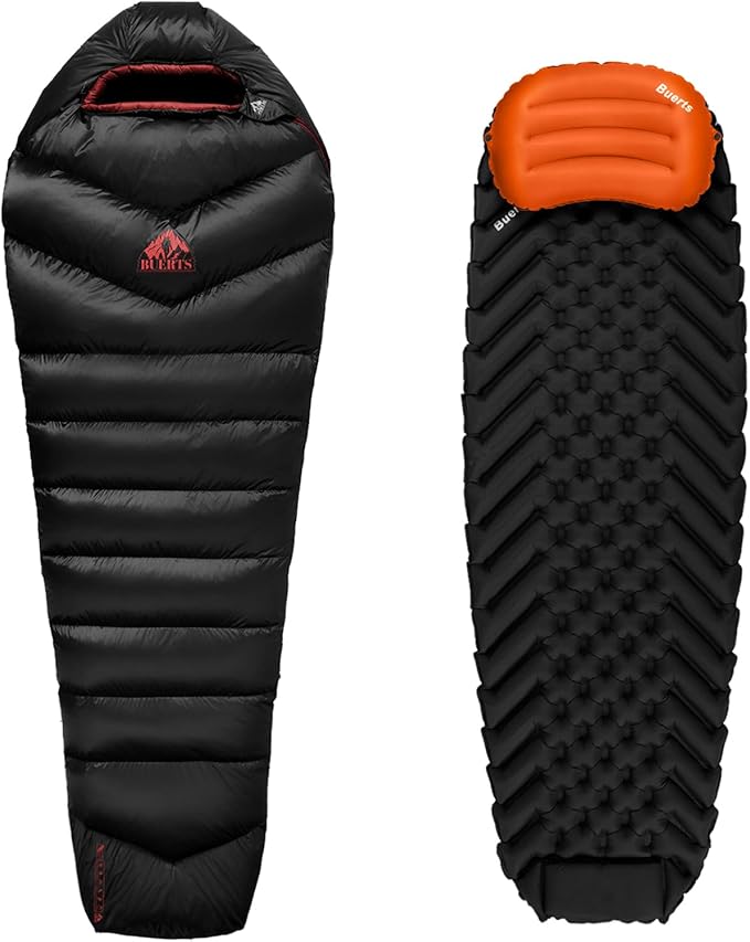 BUERTS Ultralight Camping Sleep Set: 620FP Down Sleeping Bag + 30s Quick-Inflate Mat & Pillow Combo, Portable & Ultralight...