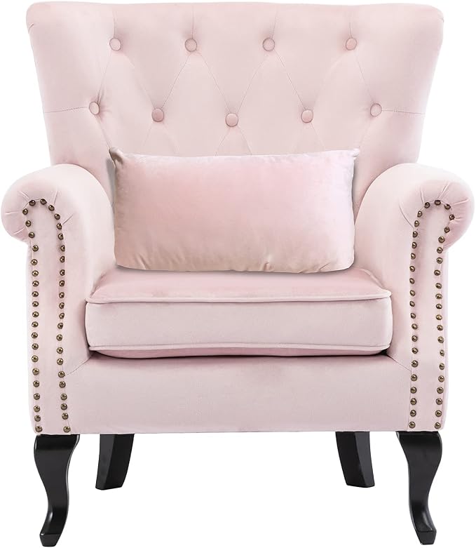 DM Furniture Set of 2 Mid Century Modern Accent Chair for Living Room, Velvet Armchair with Tufted Back and Wood Legs, Upholstered Lounge Armchair Single Sofa for Bedroom, Light Pink