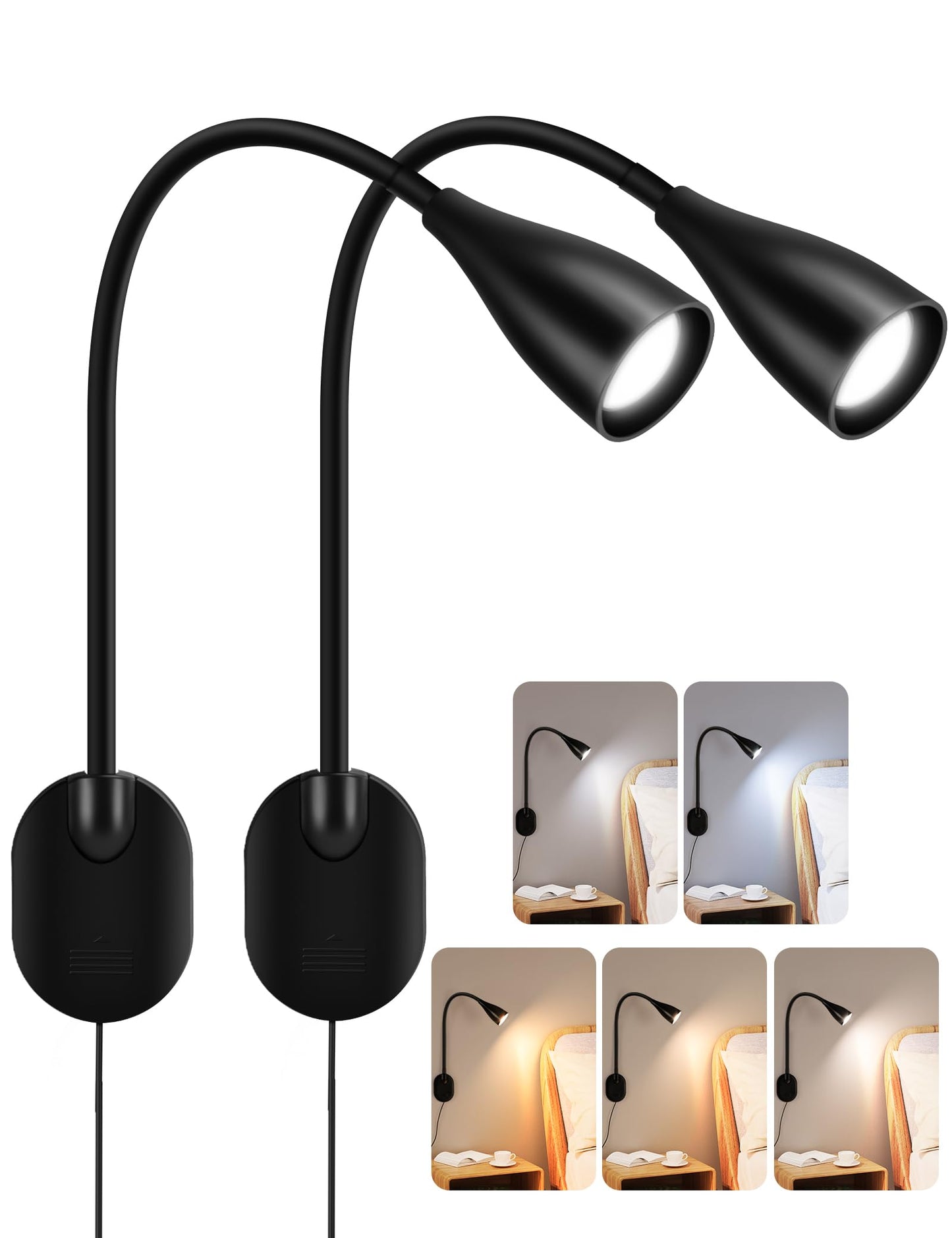 LiFMIRA Wall-Mounted LED Bedside Reading Light with USB Charging Port, 10-Level Dimmable & Adjustable 5 Color, Plug-in Adhesive Night Lamp for Books in Bed, Eye-Caring Bedroom Lighting (Black 2 Pack)