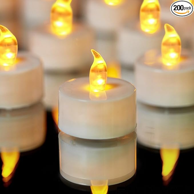YIWER Tea Lights LED Tea Light Candles 200 Hours Pack of 200 Realistic Flickering Bulb Battery Operated Tea Lights for Seasonal Festival Celebration Electric Fake Candle in Warm Yellow(2 * 100)
