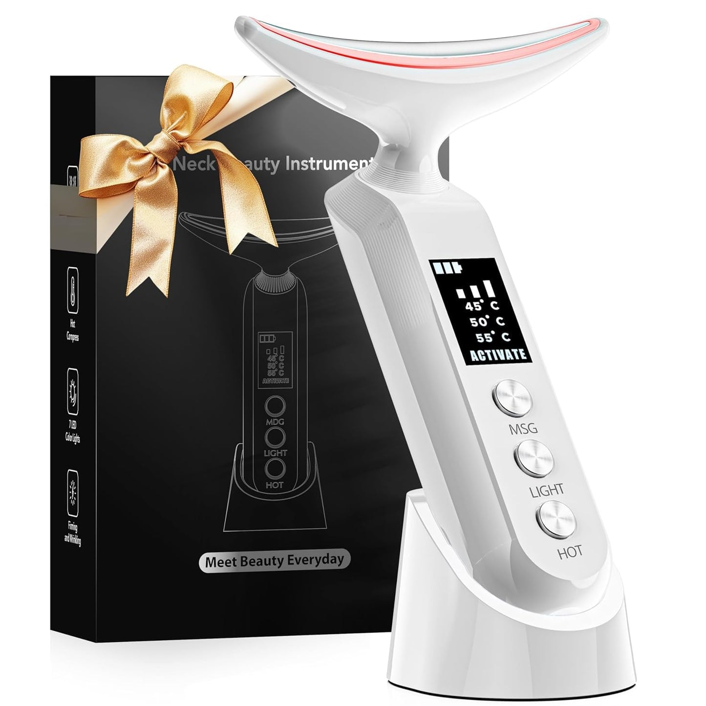 Facial Neck Massager Portable Charging Dock - 3 Heat Settings, Vibrating Face Massage, 9-Color LED Light & 72Hrs Battery | Home