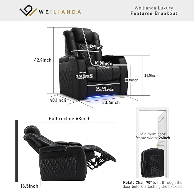 Weilianda Home Theater Seating Top Grain Leather Recliner Chair Power Headrest and Recline Movie Seats Gaming Sofa with Tray Table Type-C USB Charge Cup Holders Row of 1 Black