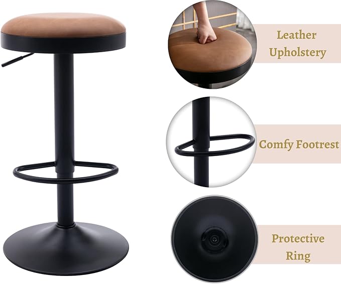 EALSON Modern Swivel Bar Stools Set of 4 Adjustable Counter Height Backless Barstools with Metal Base Leather Upholstered Round Bar Stool Chairs for Kitchen Island/Pub/Breakfast Bar, Brown
