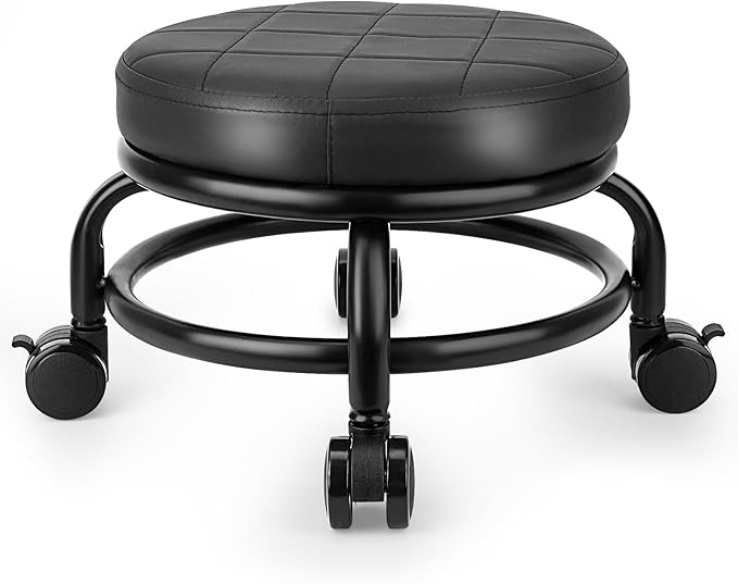 LWADALN Low Roller Stool Low Height Rolling Stool Seat PU Leather Small Chair Foot Stool Round Rolling Stools for Home Office Garage Shop (Black)