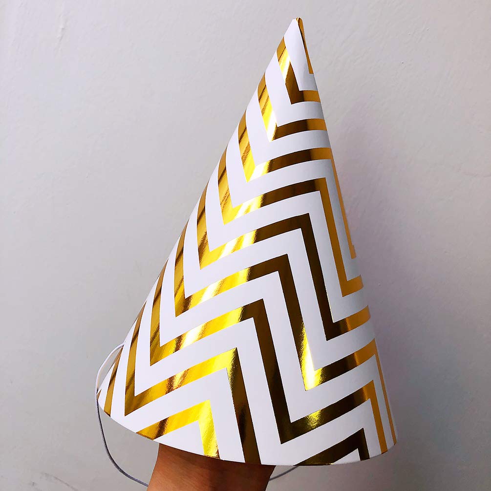 Boieo Party Hats Birthday Cone Set Gold Polka Dot Striped Paper for Adults Kids Happy Birthday Party Decorations 12 Pcs