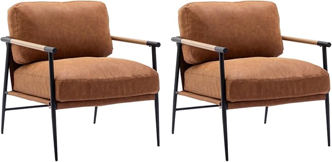 HEAH-YO Modern Accent Chairs Set of 2, PU Faux Leather Living Room Chairs with Backrests, Comfy Reading Side Chairs with Metal Legs for Bedroom, Brown