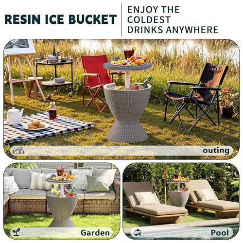ROJIK 3-in-1 Resin Ice Bucket & Beverage Cooler – Wood Look Patio Table, UV Protection & Drain Plug for Outdoor Parties, B...