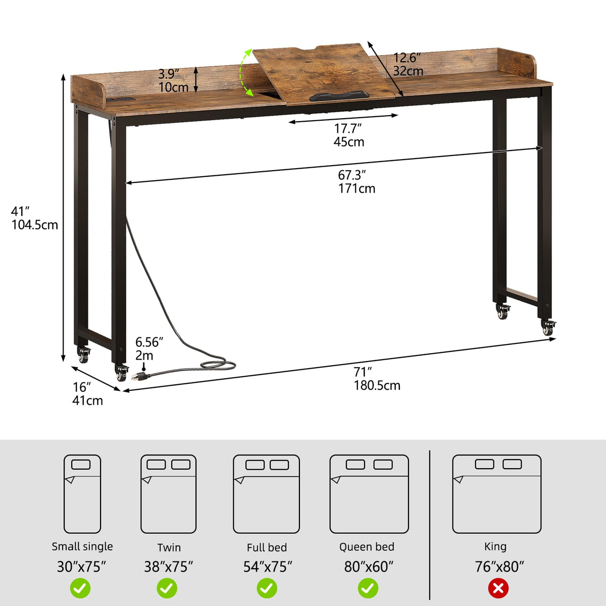 GiftGo Overbed Table with Wheels Portable Rolling Queen Size Mobile Bed Desk with Adjustable Tilt Stand Standing Laptop Cart with Outlets & USB Ports (Rustic Brown, 71 inches)