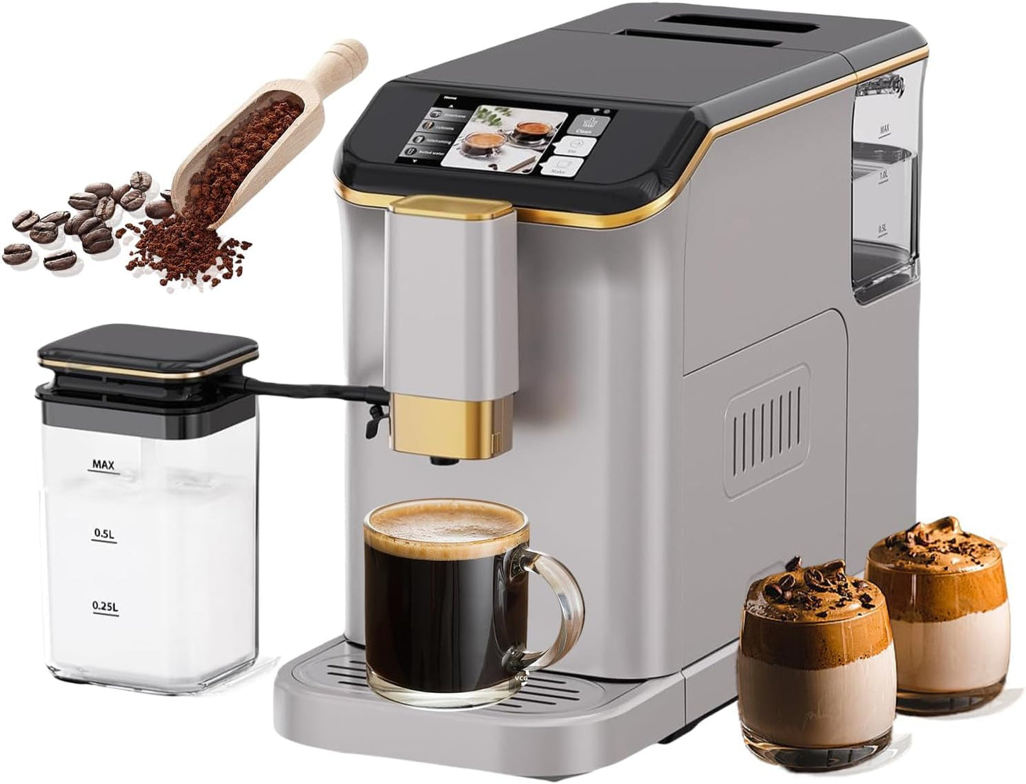 Garveehome Fully Automatic Espresso Coffee Machine with Milk Frother, 20 Bar Pressure, 15 Adjustable Grind Levels, 8 in-1 Coffee Maker with TFT Touchscreen, Removable Water Tank Cappuccino Latte Maker