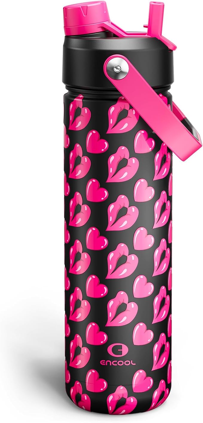 ENCOOL Valentine's Day Insulated Water Bottle with Straw Stainless Steel Water Bottle, Leak-Proof, BPA-Free, Keeps Cold for 24 Hours for Sports, Travel, School (26 oz, Kiss Love Pink x Black)