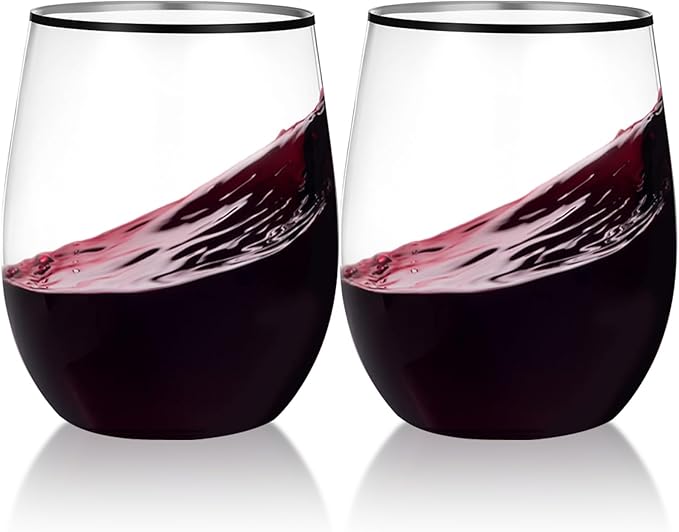 Baderke 24 Pack 12 oz Black Gold Rimmed Wine Glasses Stemless Hard Plastic Clear Disposable Wine Cups Drinking Cups Champa...