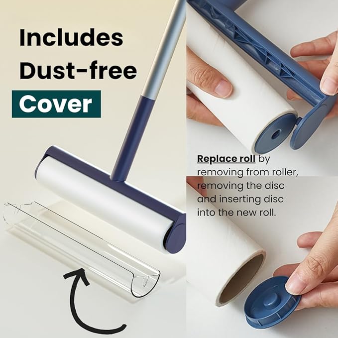 Large Lint Roller with Extra Sticky Roller and 420 Sheets 9.5" Wide, Floor Lint Roller Long Handle, Extendable to 41", Carpet, Couch, Pet Hair, Clothing Cleaning Supplies (Navy Roller + 7 Refills)