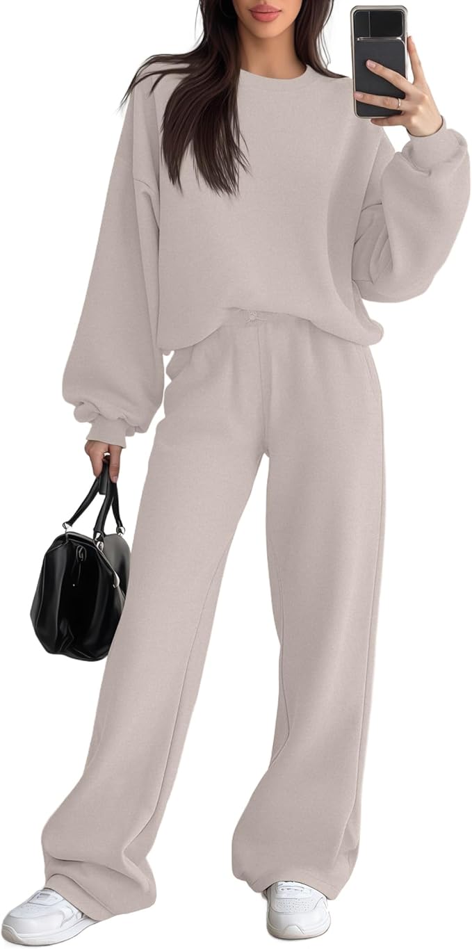 Sweetyweee Women's 2 Piece Outfits Set Fleece Lined Lounge Sweatsuit Crewneck Pullover Top Wide Leg Pants Casual Tracksuit
