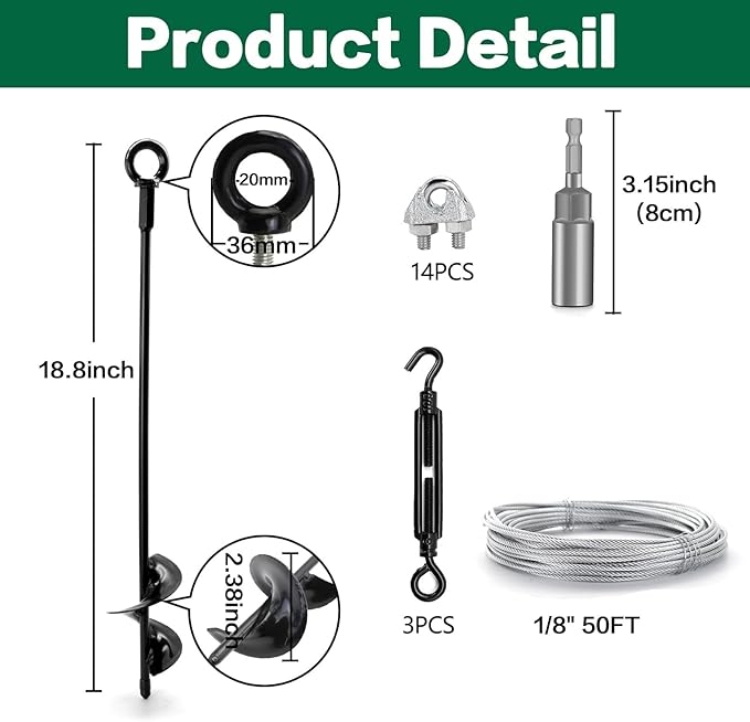 6 Pack 18" Ground Anchors Shed Anchor Kit with 1/8" Galvanized Cable & Turnbuckles, Heavy Duty Earth Anchors for Sheds Canopy Gazebo Dog Runs Carport Tent