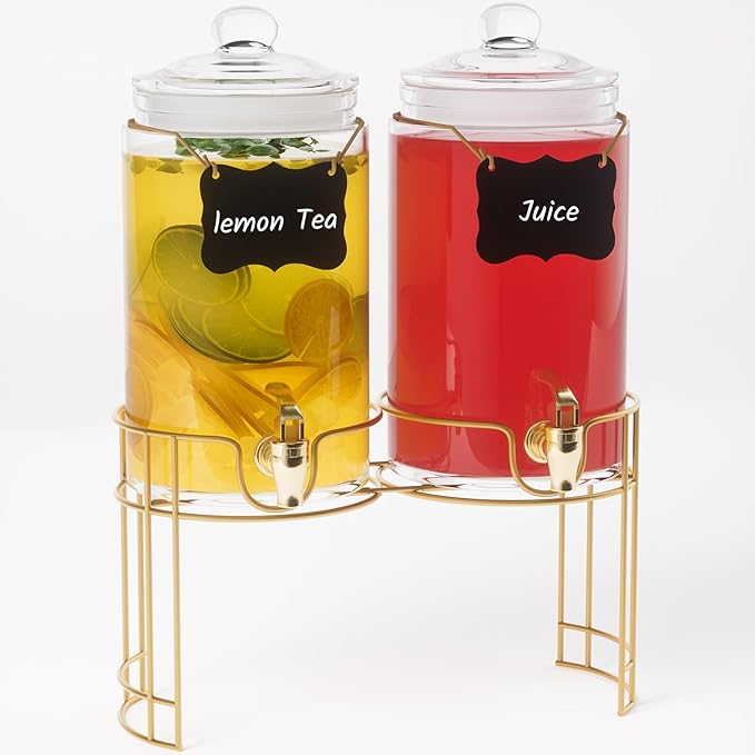 Glass Drink Dispensers For Parties, 2 PACK 1 Gallon Beverage Dispenser With Lids, Gold Metal Stand And Spigot 100% Leak pr...