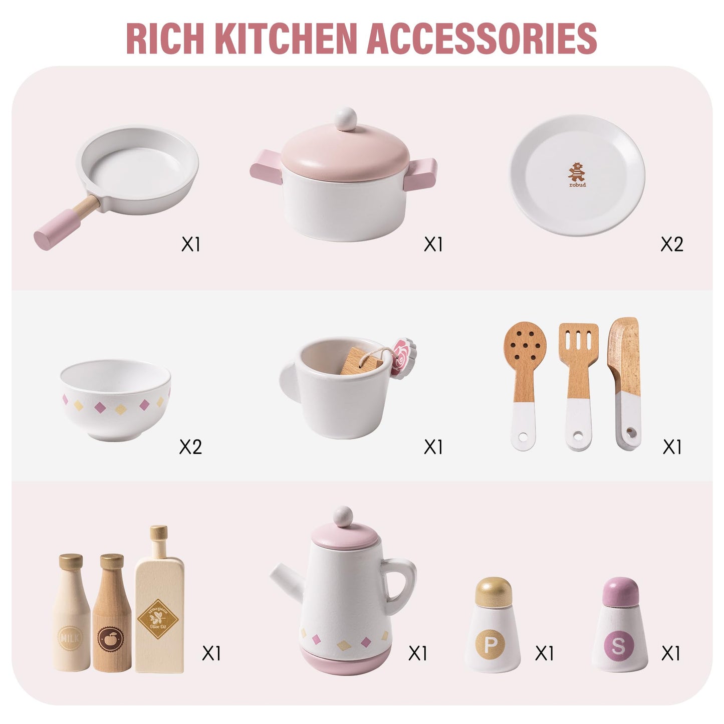 ROBUD Play Kitchen for Kids Toddlers, Wooden Play Kitchen with Realistic Accessories, Toy Kitchen Set with Plenty of Play Features, Modern Style Toy Kitchen for Girls & Boys, Gift for Ages 3+, Pink