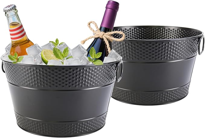 Metal Ice Bucket Galvanized Beverage Tub, 2Pack Drink Buckets Large Cooler for Wine Beer Champagne Cocktails for Catering,...