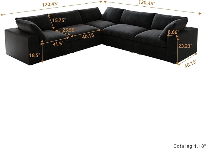 WJShome Cloud Couch Modular Sectional Sofa,160.6" Down Filled 5 Seater Convertible Sectional Sofas,V Shaped Couch for Living Room,Covers Washable&Replaceable (Black)