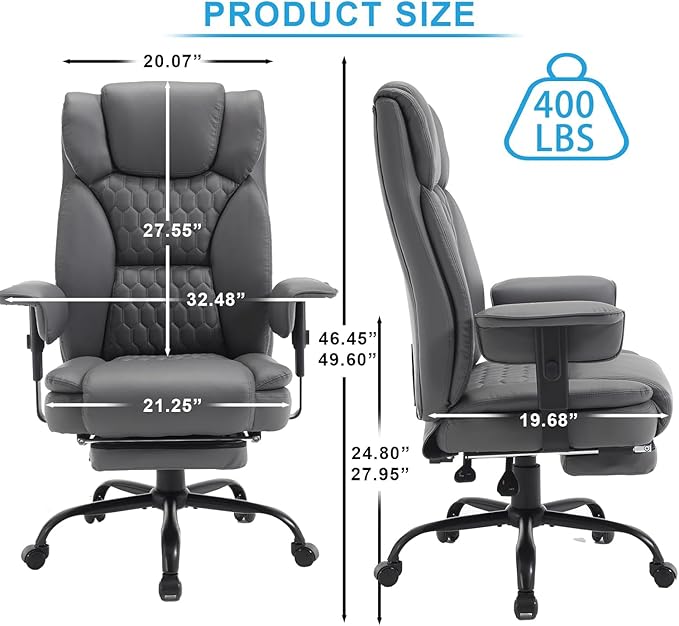 Reclining Office Chair with Footrest, 400Lb Big Tall Office Chair with Lumbar Support Pu Leather Computer Swivel Executive Chairs for Adult, High Back Recliner Office Desk Chair,Grey