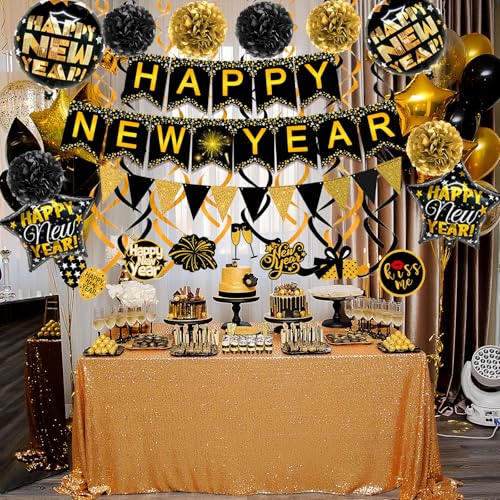 Famoby Happy New Year Paper Banner Triangle Flag Bunting Pom poms Swirls Streamers & Balloons for New year Party Decoration