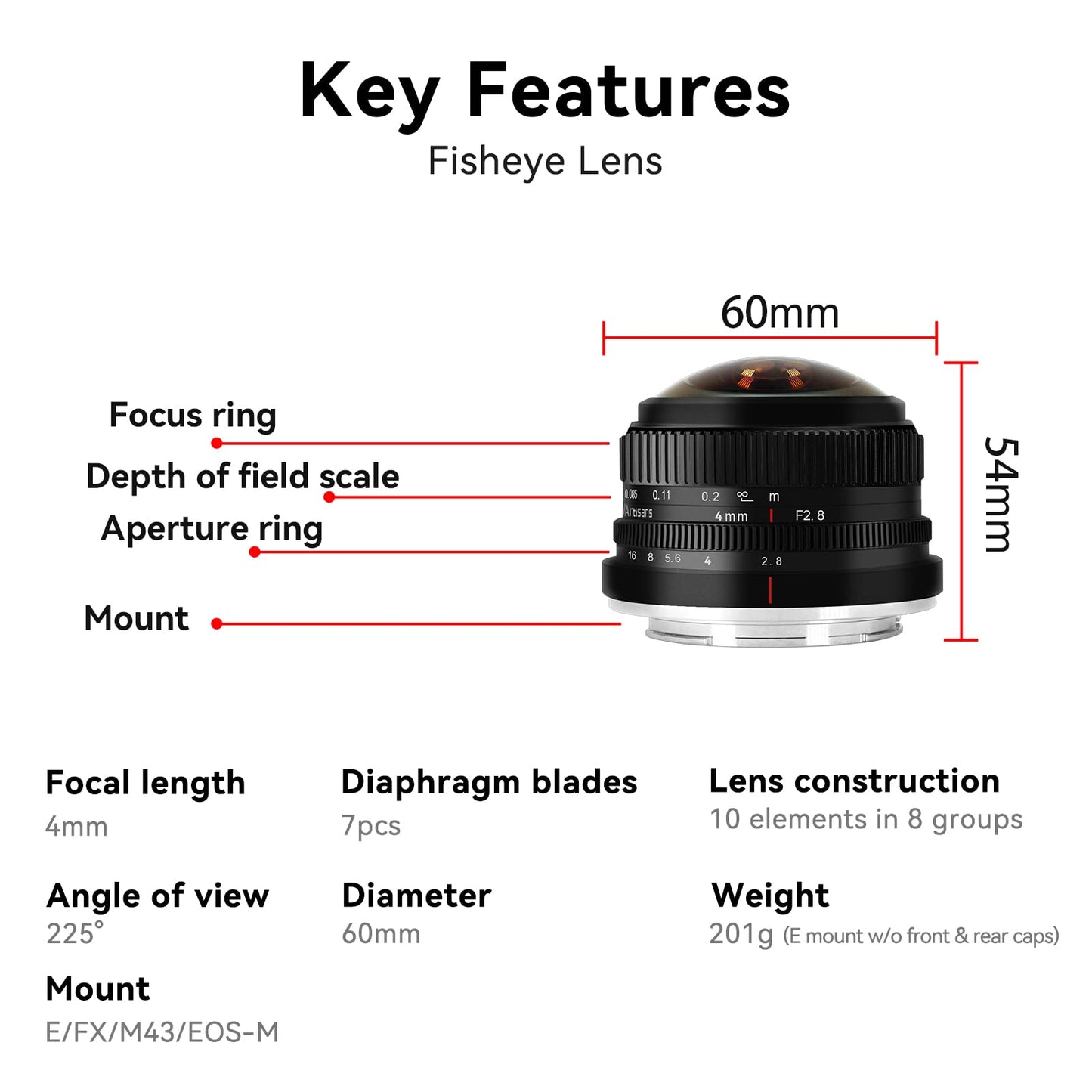 7Artisans 4mm F2.8 Fisheye Ultra Wide Angle Lens Manual Focus Prime Lens Compatible for Fujifilm FX Mount Mirrorless Camera X-T1 X-T2 X-T3 X-T20 X-T30 X-E1 X-E2 X-E3