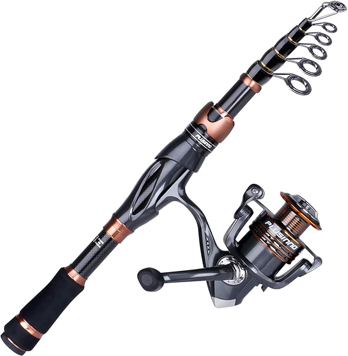 PLUSINNO Fishing Rod and Reel Combos, Bronze Warrior Toray IM6 Carbon Matrix Telescopic Fishing Rod Pole, 12 +1 Shielded B...