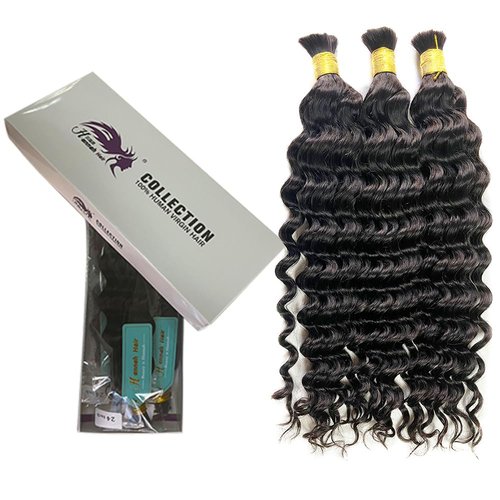 XISHIHONGYAN Bulk Human Hair Deep Curly - 3 Bundles (300g) Weft-Free Seamless for Box & Boho Knotless Braids 16 Inch Natural Black