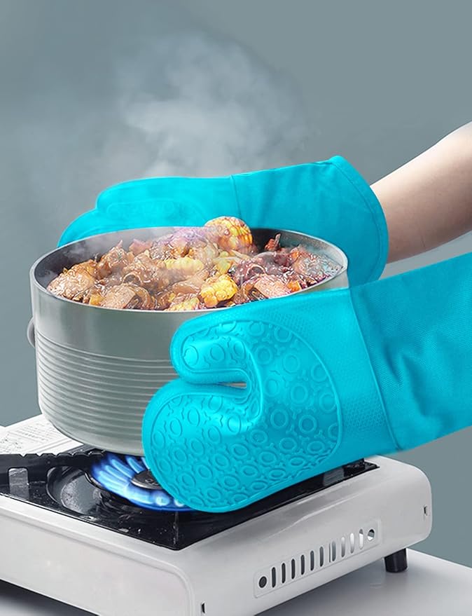 sungwoo Silicone Oven Mitts, Heat Resistant Oven Gloves with Quilted Liner Non-Slip Textured Grip Perfect for BBQ, Baking, Cooking and Grilling - 1 Pair 13.8 Inch Turquoise