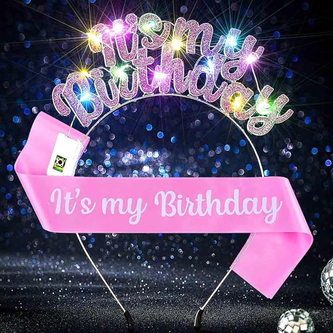 Uranian Light Up Birthday Headbands and Sash Led Rhinestone Crowns Birthday Hairbands Party Favor Hair Accessories for Women