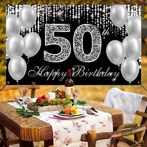 HTDZZI 50th Birthday Banner Backdrop, Happy 50th Birthday Decorations for Women Men, Black Silver 50 Year Old Birthday Par...