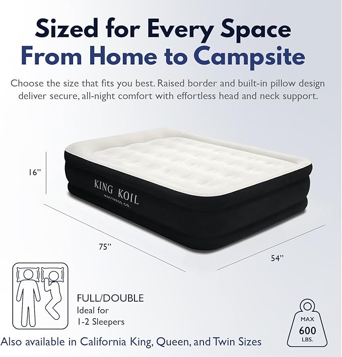 King Koil Pillow Top Plush Full Size Air Mattress with Built-in Pump for Home, Camping & Guests, 16" Inflatable Airbed Luxury Double High Adjustable Blow Up Bed, Waterproof, 1-Year Warranty