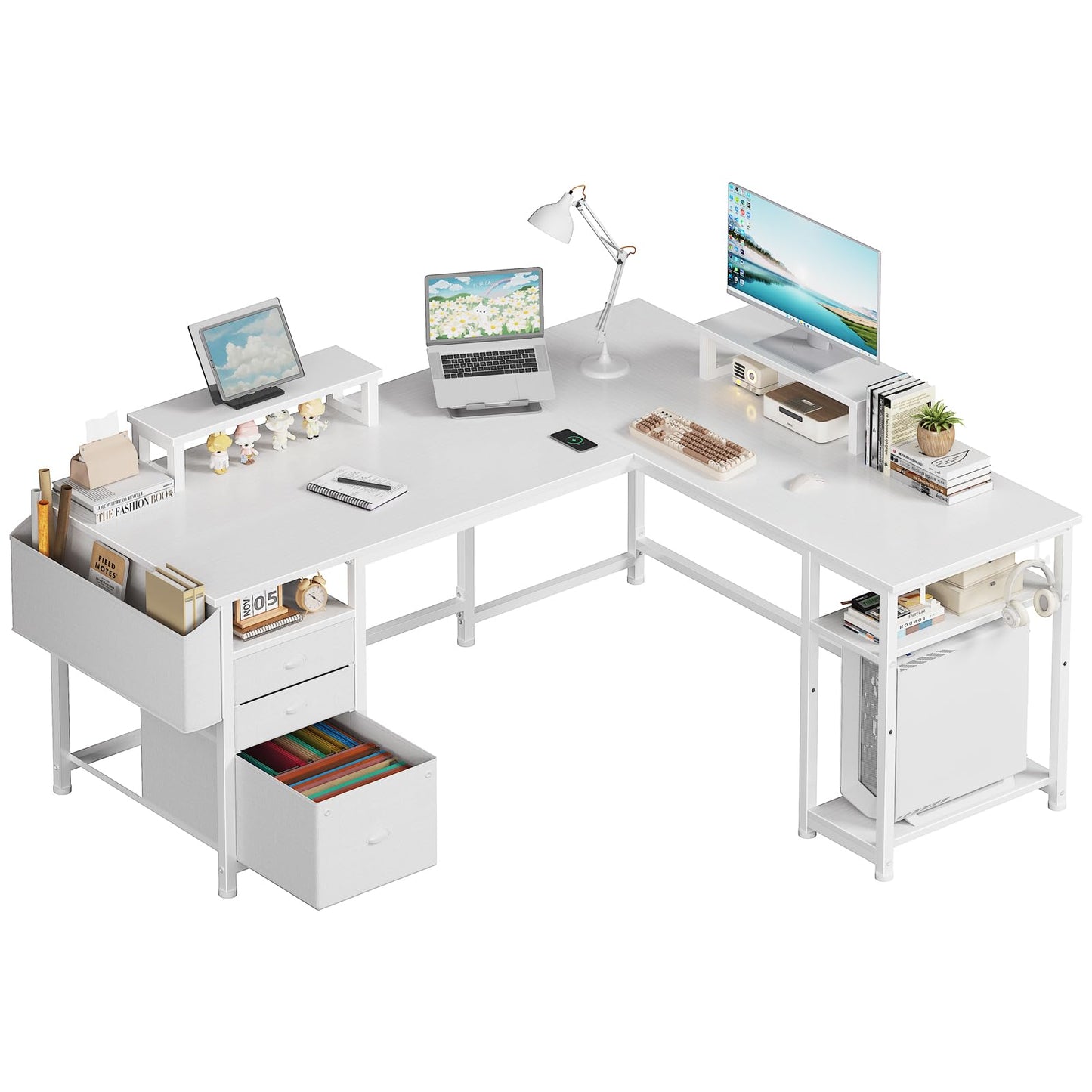 Lufeiya Large L Shaped Computer Desk with Fabric File Drawers Cabinet, 66 Inch Home Office Desks with Filing Cabinet and Storage Shelves, Corner Gaming Desk with 2 Movable Monitor Stands, White