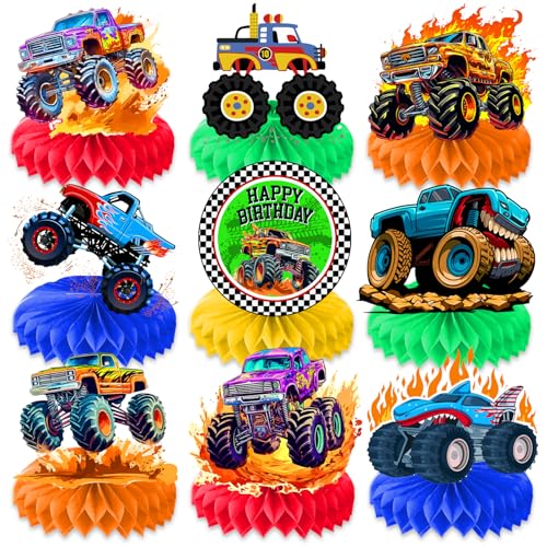 9PCS Monster Truck Honeycomb Centerpieces Themed Birthday Party Decorations Centerpiece Table Decoration Party Favors Deco...