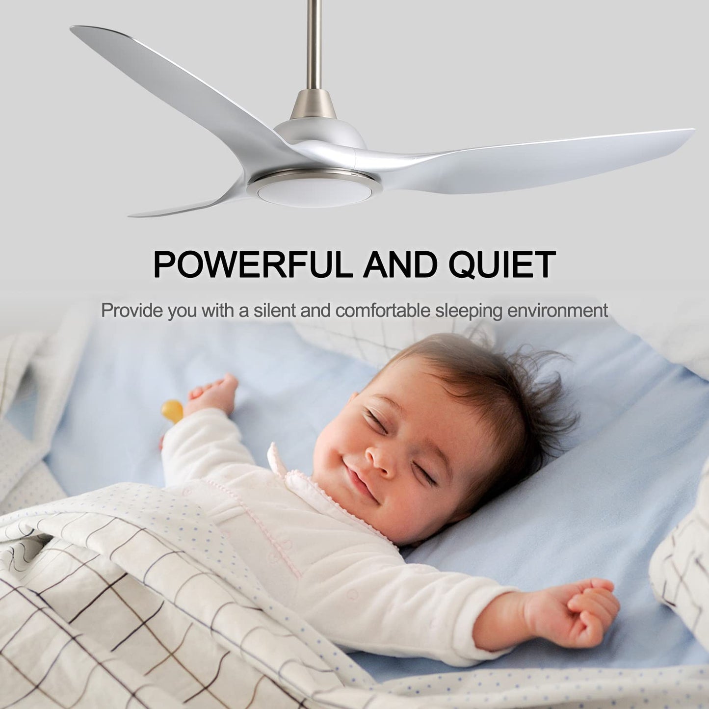 Fanliving 52 Inch Quiet DC Motor Ceiling Fan with Light Remote Control, Indoor 3 Blade Silver Modern Ceiling Fan for Bedroom Living Room Porch