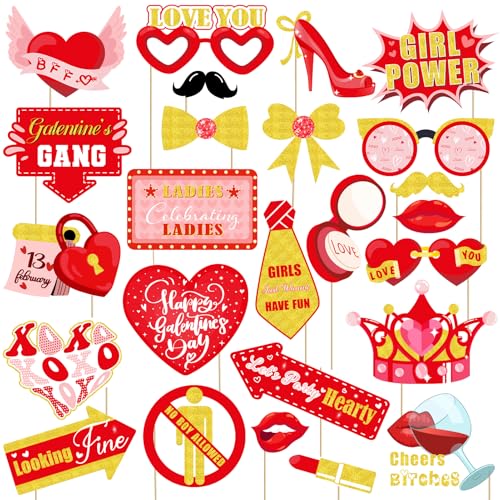 Happy Galentines Day Photo Booth Props Kit, 24 PCS Selfie Photo Booth Accessories with “Happy Valentine’s Day” Signs, Cute...