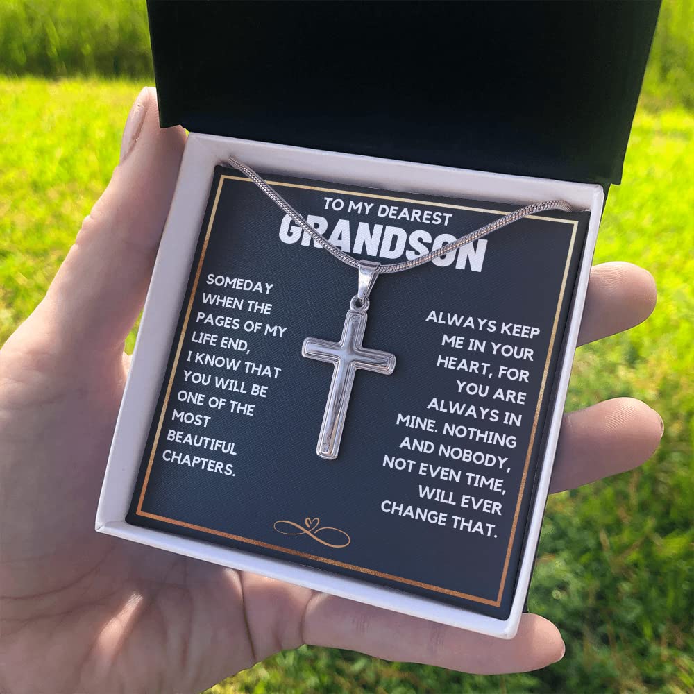 FG Family Gift Mall Grandson Birthday Gifts From Grandma Present For Grandson From Grandmother To My Grandson Necklace From Grandparents Cross Chain with Message Card and Gift Box, Stainless Steel,
