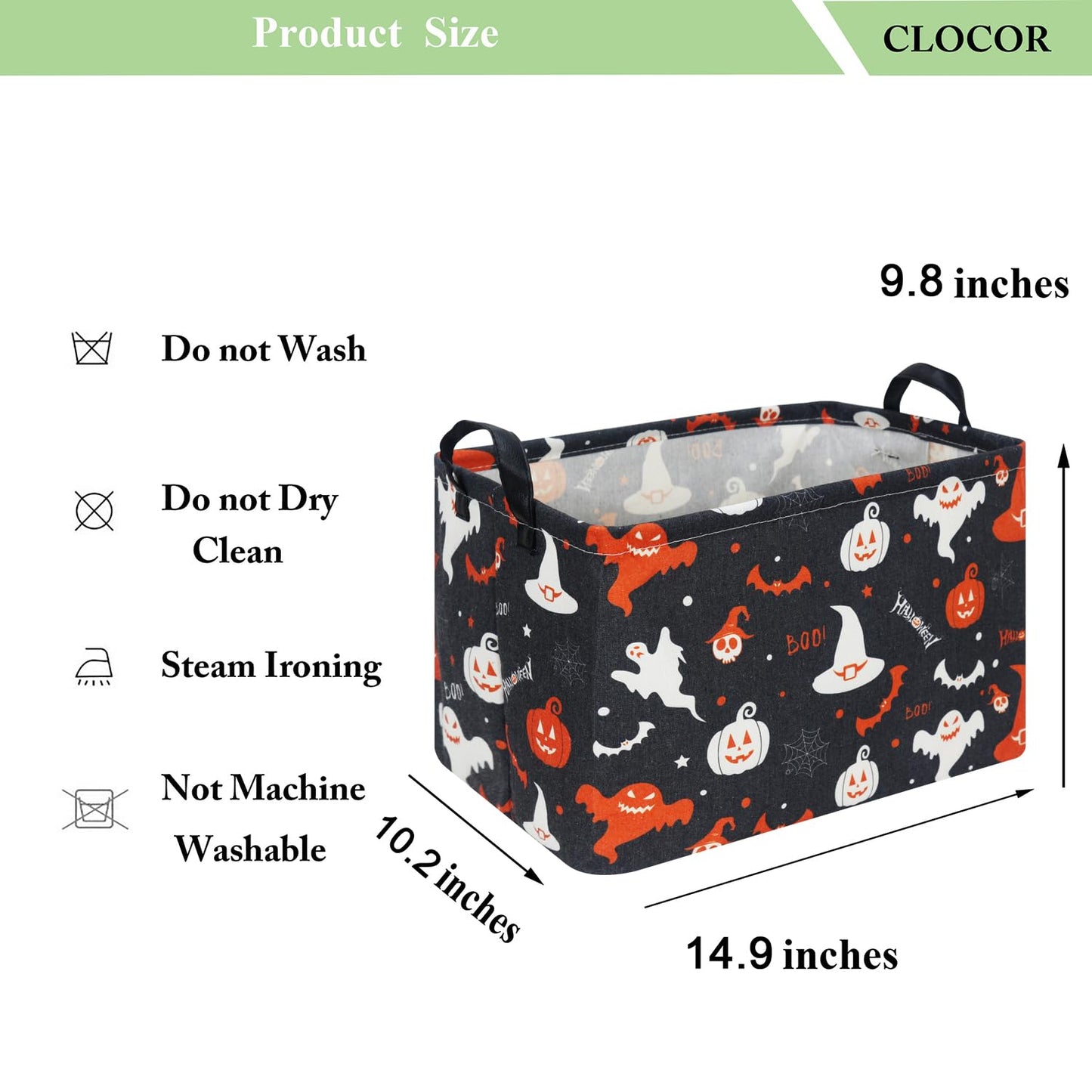 CLOCOR Rectangular Storage Basket,Collapsible Fabric Storage Container,Waterproof Toy Bin with Handles,Gift Basket(Black Halloween)