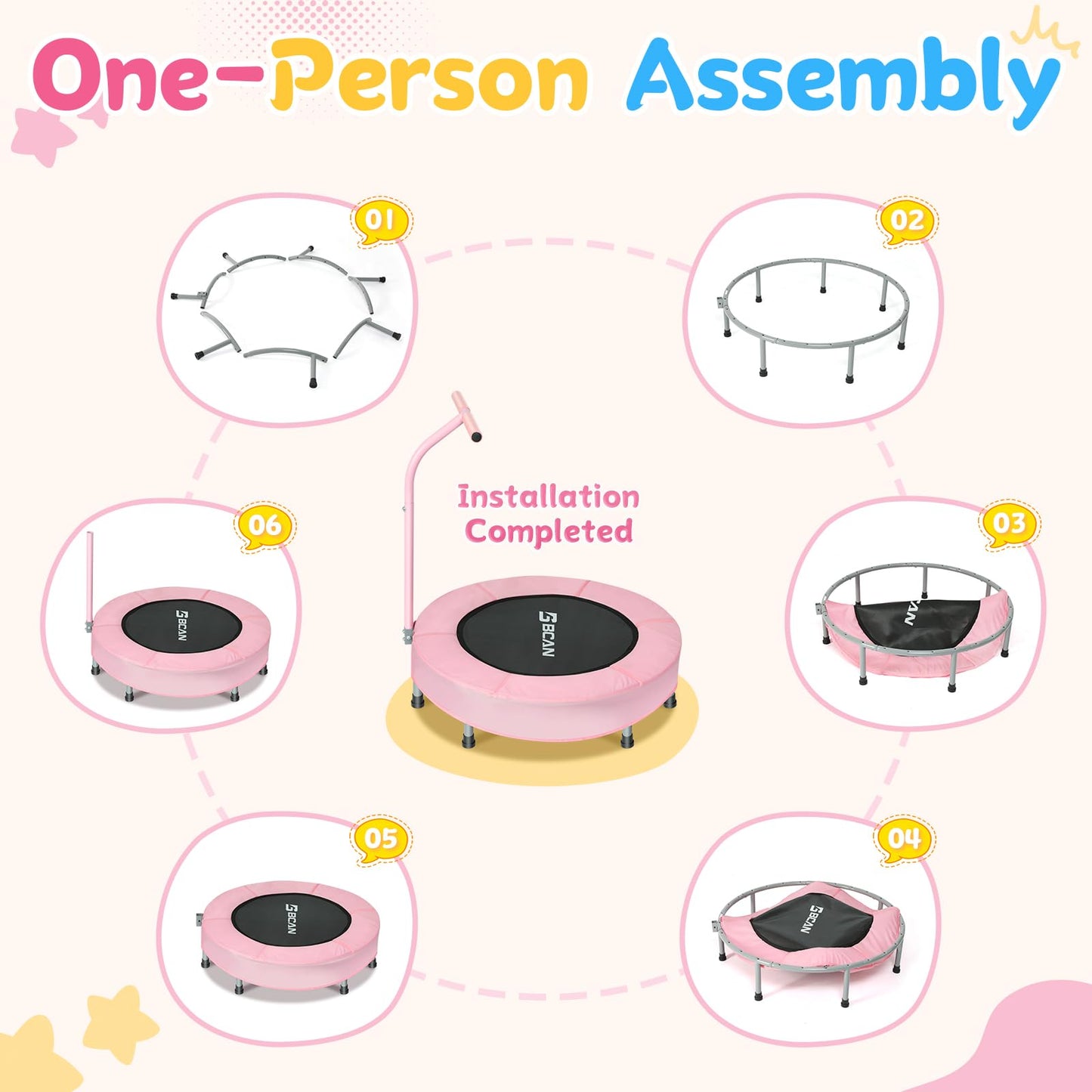 BCAN 36'' Mini Folding Ages 2 to 5 Toddler Trampoline with Handle for Kids, Indoor/Garden Toddlers Trampoline with Super Safe Cover for Toddlers, Pink