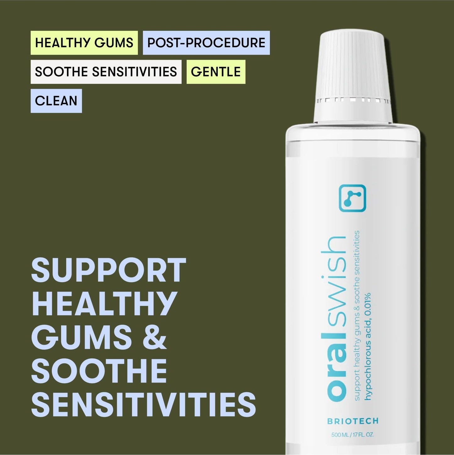 BRIOTECH Oral Swish, Hypochlorous Acid Mouthwash Rinse, Gentle Oral Care Hygiene, Fight Bad Breath, Support Against Plaque, Gum Irritation & Tender Gums, Alcohol & Fluoride Free, 32 fl oz