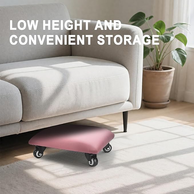 FLOLXNB Low Height Rolling Stool Low Roller Seat PU Leather Square Roller Seat Stool Low Rolling Chair for Home Office Fitness Garage (Pink)