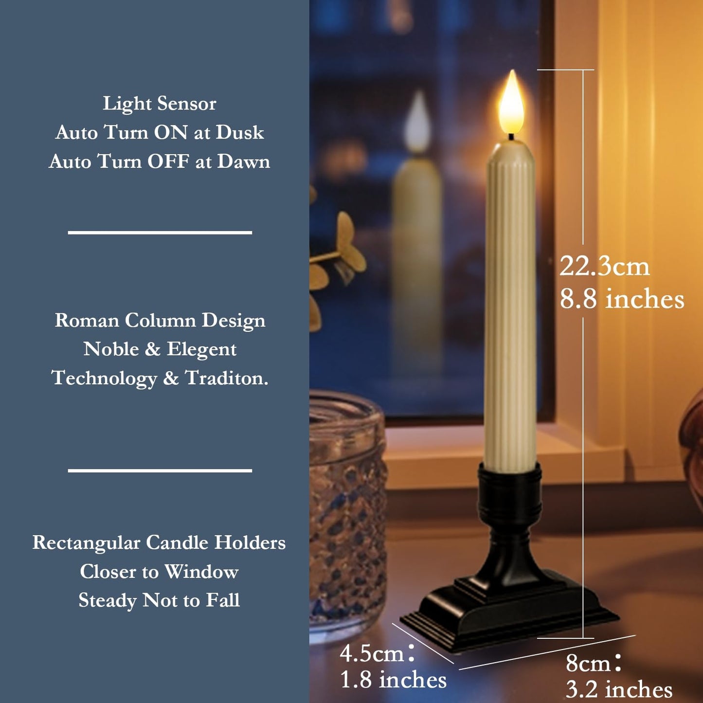 Homemory 6 Pcs Window Candles with Sensor Dusk to Dawn, Ivory Electric Window Candle Flickering, Christmas Fake Candles Battery Operated, Led Candlesticks with Black Holders for Xmas Holiday Decor