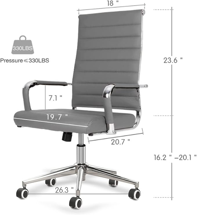 BOWTHY Home Office Chair Ribbed, Modern Leather Conference Waiting Room Chairs,Ergonomic Office Desk Chair, High Back Executive Computer Chair, Adjustable Swivel Chair with Arms (Gray)